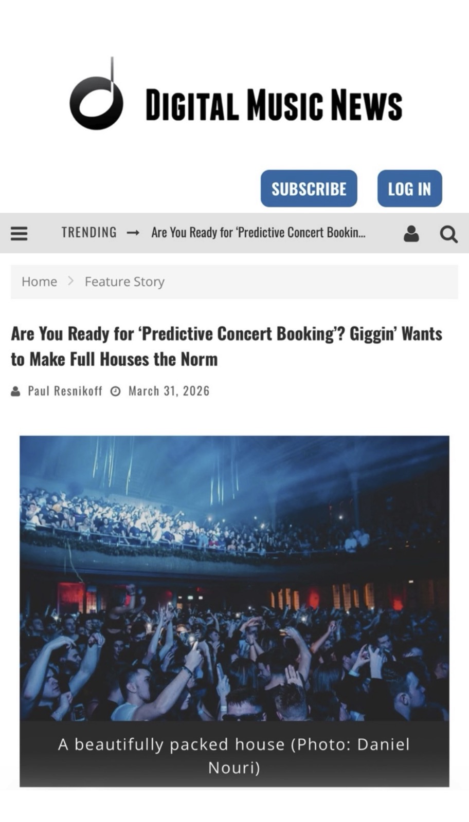 Digital Music News article about Giggin' predictive concert booking